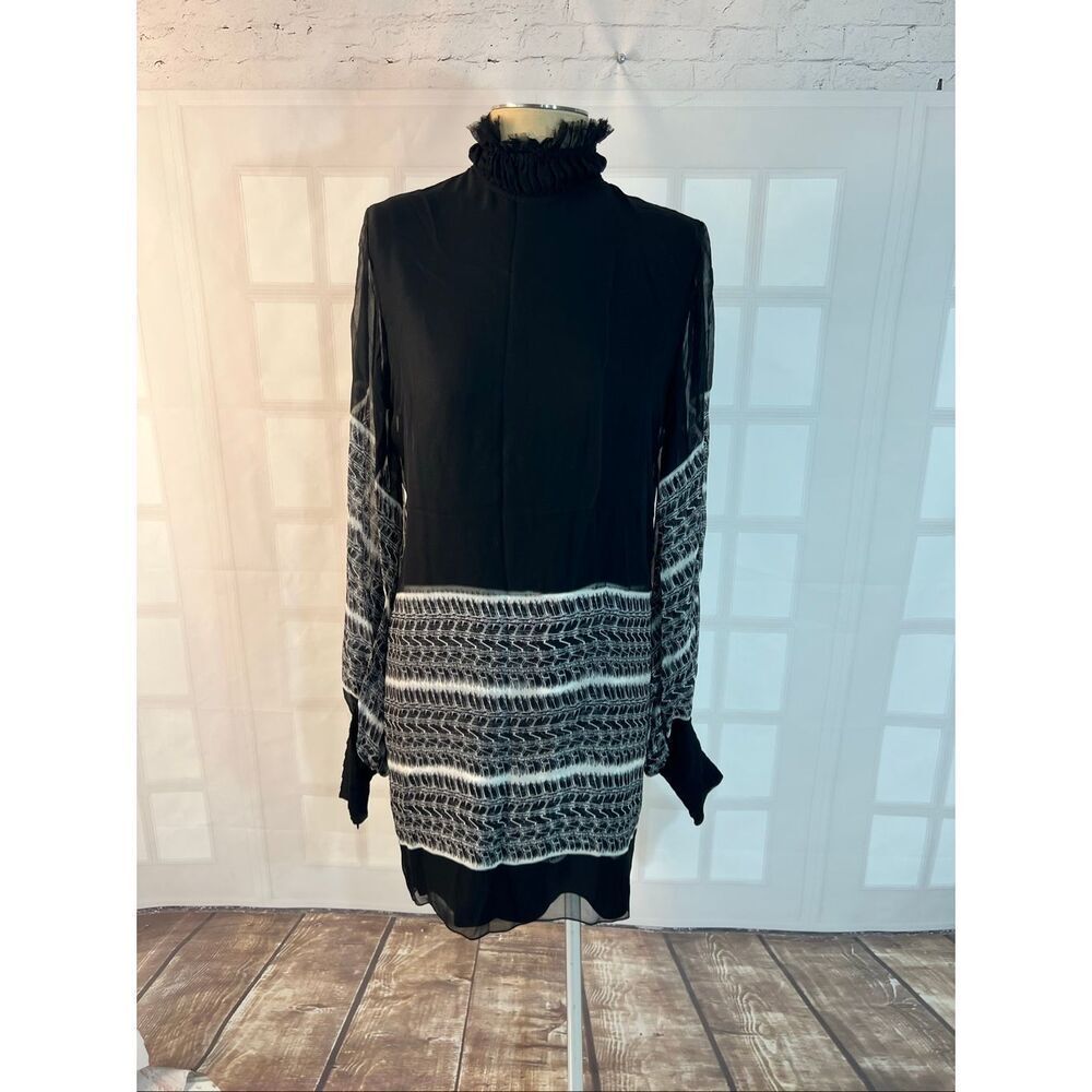 Thomas Wylde Black Long Sleeve Ruffle Mock Neck Silk Dress Medium